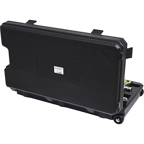 Schwarzer Werkzeugkoffer mit Rollen und geöffnetem Deckel. Werkzeug ist teilweise sichtbar.